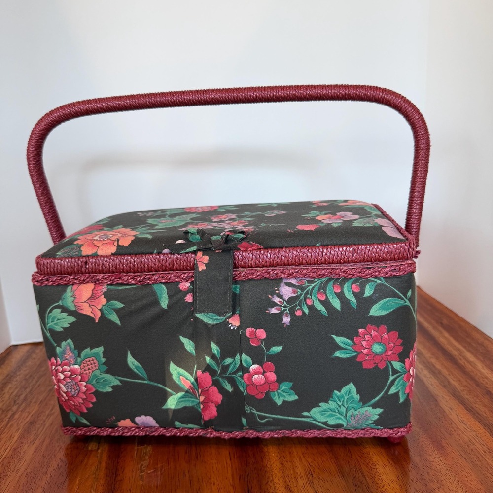 Vtg Sewing Basket Box Padded Fabric with Handle